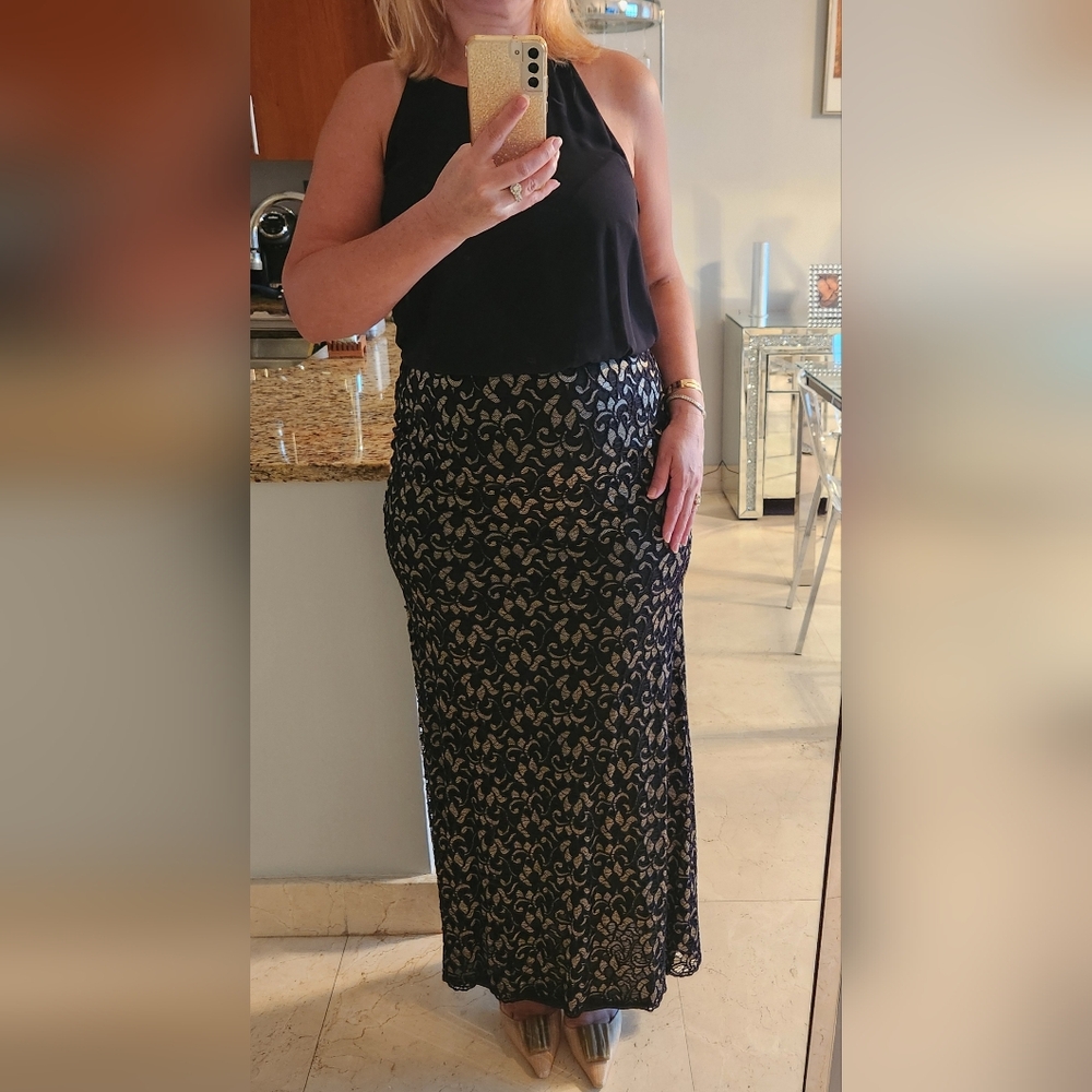 Laundry By Shelli Segal Black and Gold Maxi Dress, Size 12, Stretch